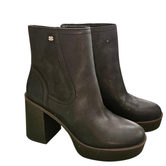 Lucky Brand Olliner Black Leather Platform Chunky Heel Booties Size 6.5 NWOT - Picture 1 of 7
